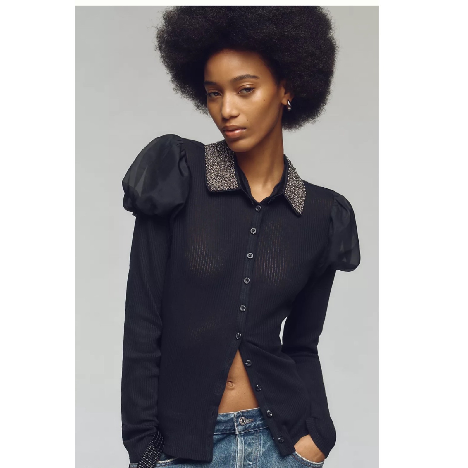 Maeve Anthropologie Ribbed Beaded Collar Puff Sleeve Buttondown Top Xs Glam